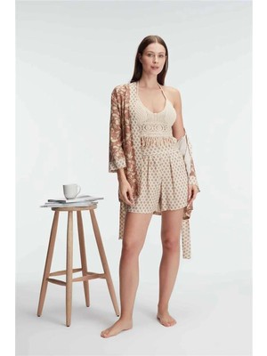 Hobilinka  Ip Askılı V Yaka Kadın Cotton Çiçek Desenli Yazlık Dokuma Sabahlık Mini Pijama Takımı