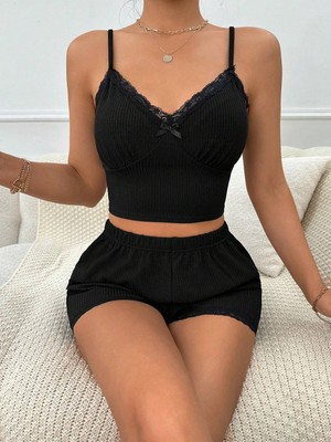Hobilinka Siyah Fiyonk Detaylı Şortlu Pijama Takımı2li