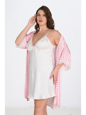 Hobilinka  Premium Büyük Beden Saten Dantel Işlemeli Beyaz-Pembe 2'li Gecelik Sabahlık Takımı Bigsize