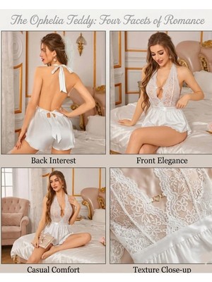 Nuitamore Kadın Dantel Detaylı Saten Şort Tulum – Beyaz –