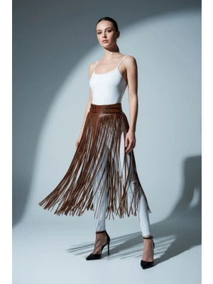 Hobilinka Kahverengi Etek Deri Görünümlü Püsküllü Yüksek Bel Etek - BRF1090