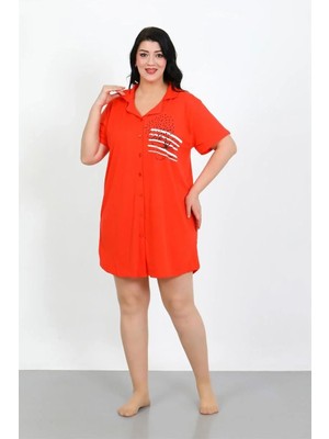 Hobilinka Büyük Beden Penye Düğmeli Nar Çiçeği Tunik Gecelik