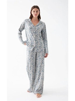 Hobilinka Kadın Gri Desenli Düğmeli Pamuklu Pijama Takımı