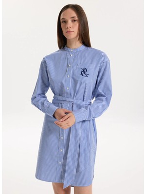 Lauren Ralph Lauren Gömlek Yaka Mavi Diz Üstü Kadın Elbise Kınley-Long Sleeve-Day Dress