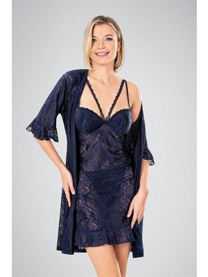 Hobilinka Lacivert Dantel Işlemeli 2'li Sabahlık Takımı