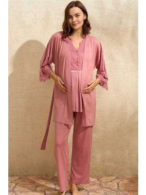 Hobilinka Sıfır Kol V Yaka Kadın Viskon Düz Yazlık Uzun Dantel Detaylı Hamile Pijama Takımı Sabahlık