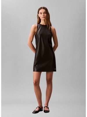 Calvin Klein Yuvarlak Yaka Düz Siyah Kısa Kadın Elbise Faux Leather Sl Mini Dress
