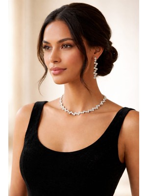 Klc Takı Kadın Gümüş Renk Model Su Yolu Zirkon Taşlı Kolye Küpe Bileklik Seti