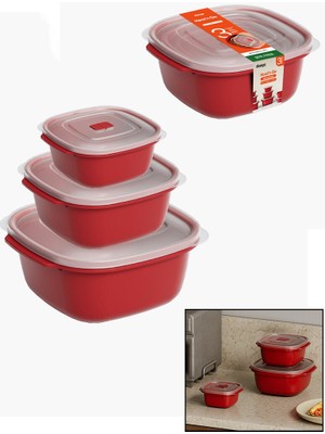 Hobilinka 3 Pcs Kırmızı Kare Saklama Kabı Set 550-1100-2200ML (4887)