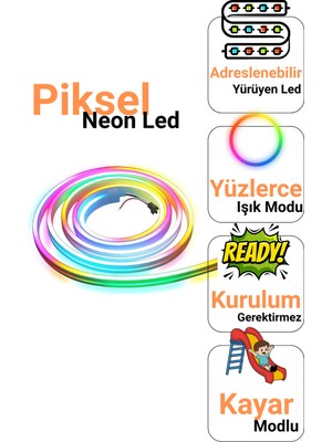 Ema Dükkan 12V Piksel Neon LED 5 Metre Rgb Bluetooth Kumandalı | Adreslenebilir Kayar LED | Uygulama Kontrollü Su Geçirmez Set