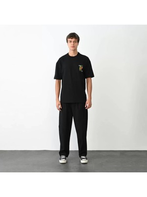 Etiler Collection Unisex Bisiklet Yaka Baskılı Oversize T-Shirt - Siyah