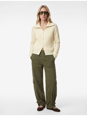 Koton Uzun Kollu Dik Devrik Yaka Fermuarlı Triko Hırka