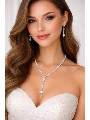 KLC Takı Kadın Gümüş Renk Model Su Yolu Zirkon Taşlı Kolye Küpe Bileklik Seti