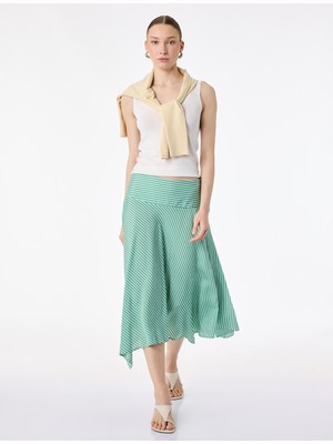 Koton Viskon Kumaş Asimetrik Kesim Çizgili Midi Etek