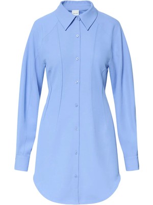 Calvin Klein Gömlek Yaka Düz Mavi Kısa Kadın Elbise Casual Twill Ls Mini Shirtdress
