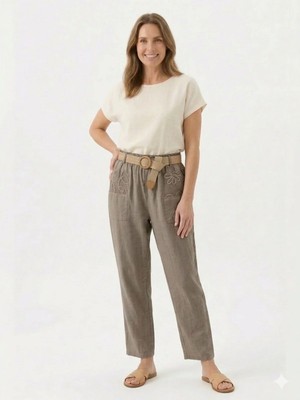 Della Moor Vizon Kadın Italyan Hasır Kemerli Cebi Dantelli Havuç Kalıp Keten Pantolon