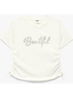 Koton Pamuklu Büzgülü Kısa Kollu Bisiklet Yaka Taş Detaylı Tişört