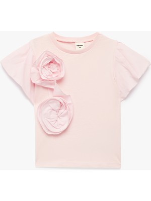 Koton Balon Kollu Çiçek Detaylı Kısa Kollu Pamuklu Tişört