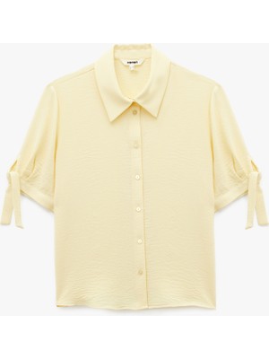 Koton Aerobin Kumaş Bağlama Detaylı Kısa Balon Kollu Saten Gömlek