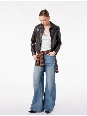 Koton Yüksek Bel Dikiş Detaylı Düğmeli Cepli Geniş Paça Denim Pantolon - Wide Leg Jean
