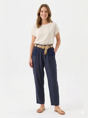 Della Moor Lacivert Kadın Italyan Hasır Kemerli Cebi Dantelli Havuç Kalıp Keten Pantolon