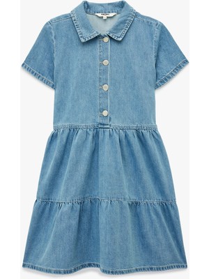 Koton Pamuklu Düğmeli Kısa Kollu Gömlek Yaka Denim Elbise