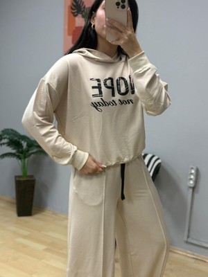 Ezel Glory Kadın Uzun Kollu Nope Baskılı Beli Ribanalı Ikili Takım