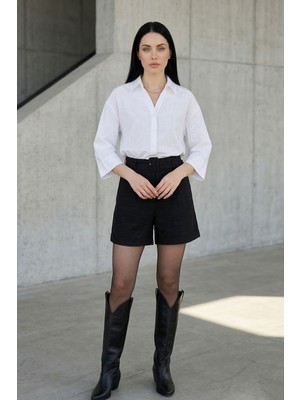 Lupinn Kadın Beyaz Oversize Fit Düğmeli 3/4-Truvakar Kol Fisto Yaka Dokuma Rahat Kesim Uzun Kadın Gömlek Bluz