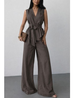 Evora Studio Ayrobin Keten Kuşaklı Yelek Pantolon Takım Bej S M L Xl Yazlık Rahat Takım