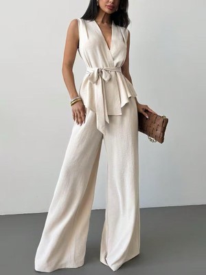 Evora Studio Ayrobin Keten Kuşaklı Yelek Pantolon Takım Bej S M L Xl Yazlık Rahat Takım