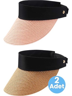 Tezzgelsin Kadın Hasır Vizör Şapka Yazlık Güneş Koruyucu Ayarlanabilir Plaj Şapkası 2'li Set