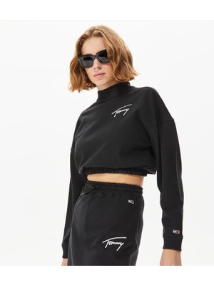 Tommy Jeans Crop Signature Mock Neck Kadın Siyah Sweatshirt