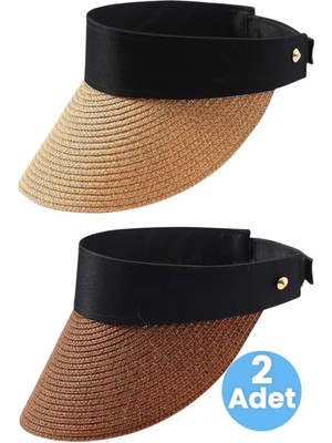 Tezzgelsin Kadın Hasır Vizör Şapka Yazlık Güneş Koruyucu Ayarlanabilir Plaj Şapkası 2'li Set