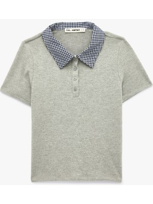 Koton Kadın Slim Fit Kısa Kollu Polo Yaka Tişört Gri Polyester Karışımlı Günlük Stil