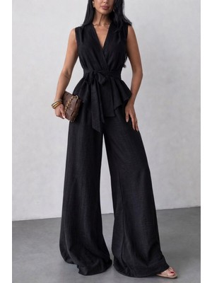 Evora Studio Ayrobin Keten Kuşaklı Yelek Pantolon Takım Bej S M L Xl Yazlık Rahat Takım