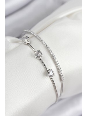 Hobilinka Pirinç Zirkon Taşlı Kalp Model Gümüş Renk Kadın Bileklik - TJ-BB7862