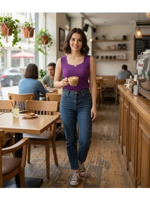 Urumday Merserize Kare Yaka Fitilli Yırtmaçlı Atlet Bluz