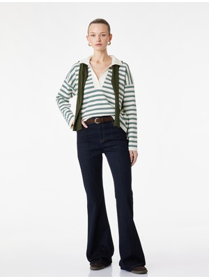 Koton Uzun Kollu Polo Yaka Çizgili Oversize Triko Kazak