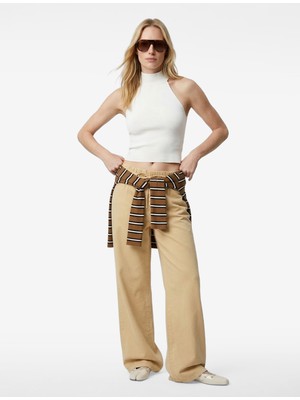 Koton Cepli Beli Bağcıklı Pamuklu Bol Paça Pantolon - Loose Straight Fit Jean