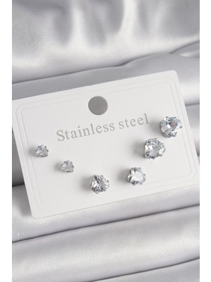 Hobilinka 316L Çelik Gümüş Renk Zirkon Taşlı Kalp Model Kadın Küpe Seti - TJ-BKP9879