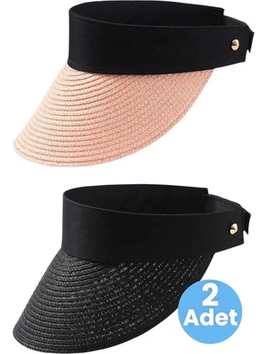 Tezzgelsin Kadın Hasır Vizör Şapka Yazlık Güneş Koruyucu Ayarlanabilir Plaj Şapkası 2'li Set