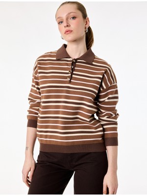 Koton Uzun Kollu Yarım Düğme Detaylı Polo Yaka Çizgili Triko Kazak