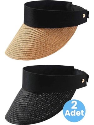Tezzgelsin Kadın Hasır Vizör Şapka Yazlık Güneş Koruyucu Ayarlanabilir Plaj Şapkası 2'li Set