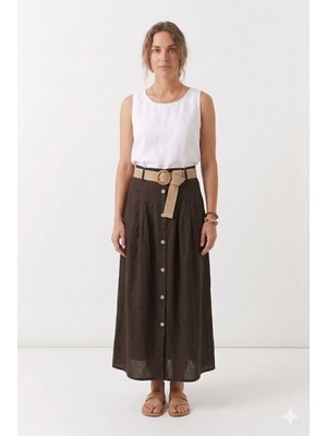 Della Moor Kahverengi Italyan Hasır Kemerli Sahte Düğmeli Cepli Uzun Keten Etek