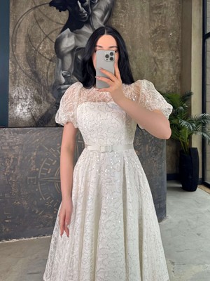 Mila Balon Kol Dantel Pul Payet Işlemeli Kemer Aksesuarlı Midi Boy Abiye Ekru