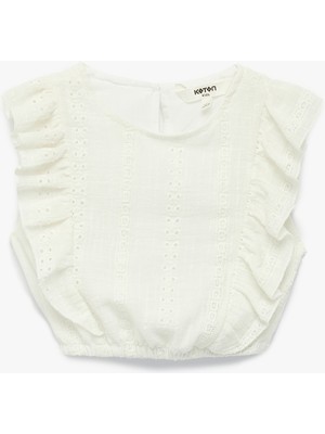 Koton Kolsuz Brodeli Beli Lastikli Bisiklet Yaka Crop Bluz