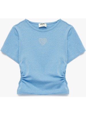 Koton Bisiklet Yaka Slim Fit Kalpli Taşlı Büzgü Detaylı Pamuklu Kısa Kollu Crop Bluz