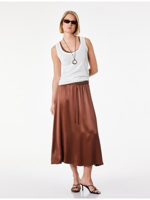 Koton Beli Bağlamalı Lastikli Kloş Kesim Midi Saten Etek