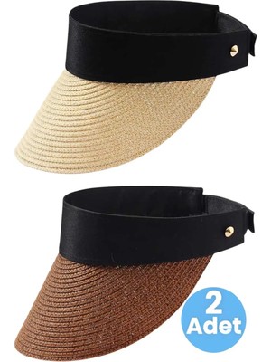 Tezzgelsin Kadın Hasır Vizör Şapka Yazlık Güneş Koruyucu Ayarlanabilir Plaj Şapkası 2'li Set