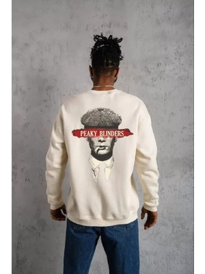 Ulak Handmader Unisex Bisiklet Yaka Baskılı Oversize Sweatshirt - Beyaz